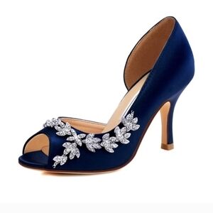 Elegant Blue Satin Women's Heels with Rhinestone Embellishments